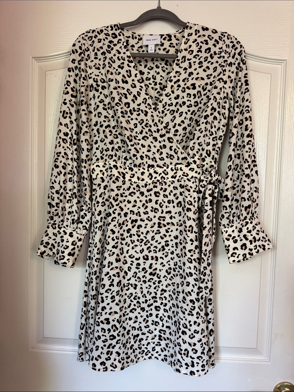 Nine West Cream Leopard-Print Long Sleeve Wrap Dress